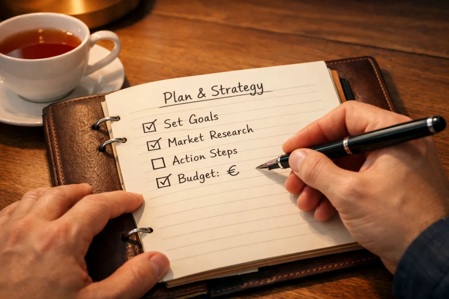 Person plant Budget mit Notizbuch und Stift