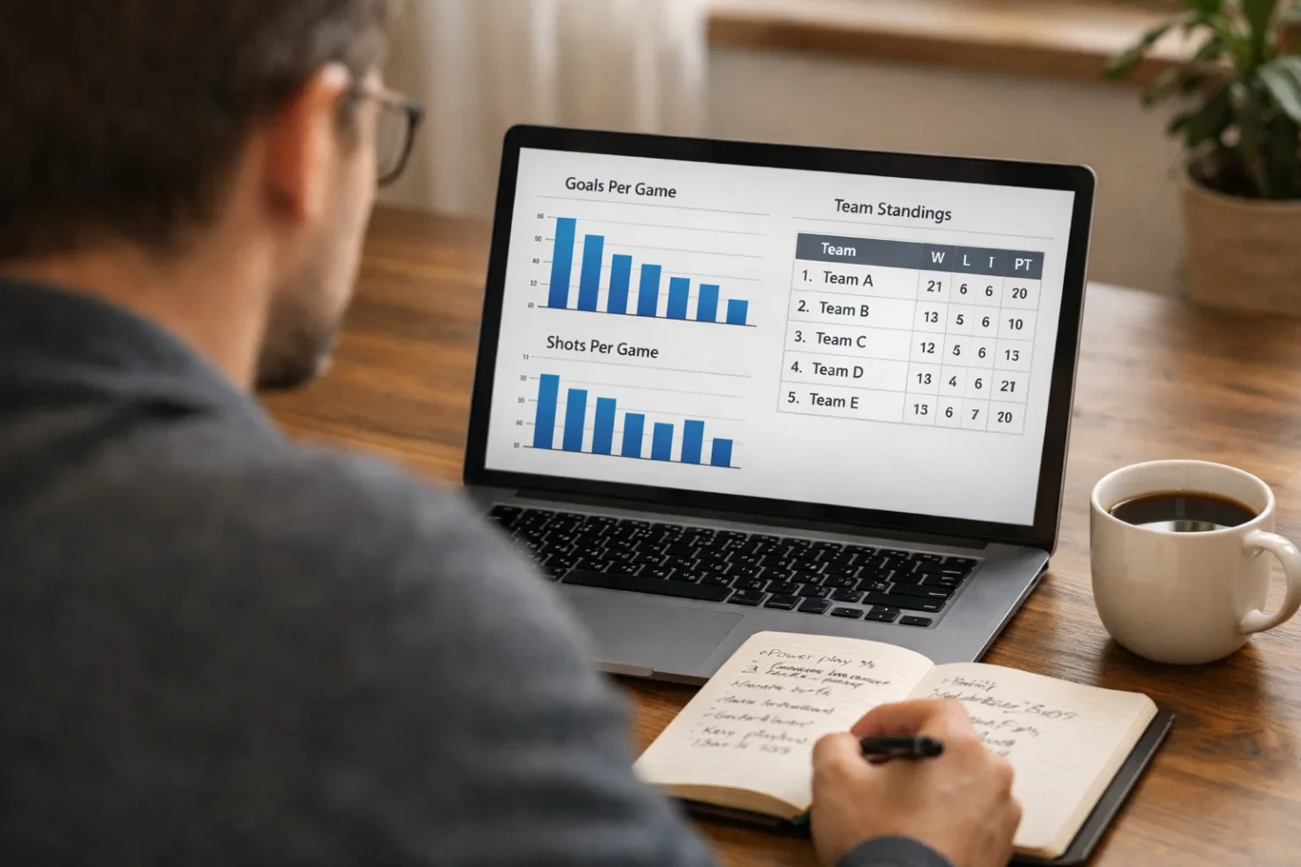 Person analysiert Eishockey-Statistiken auf einem Laptop