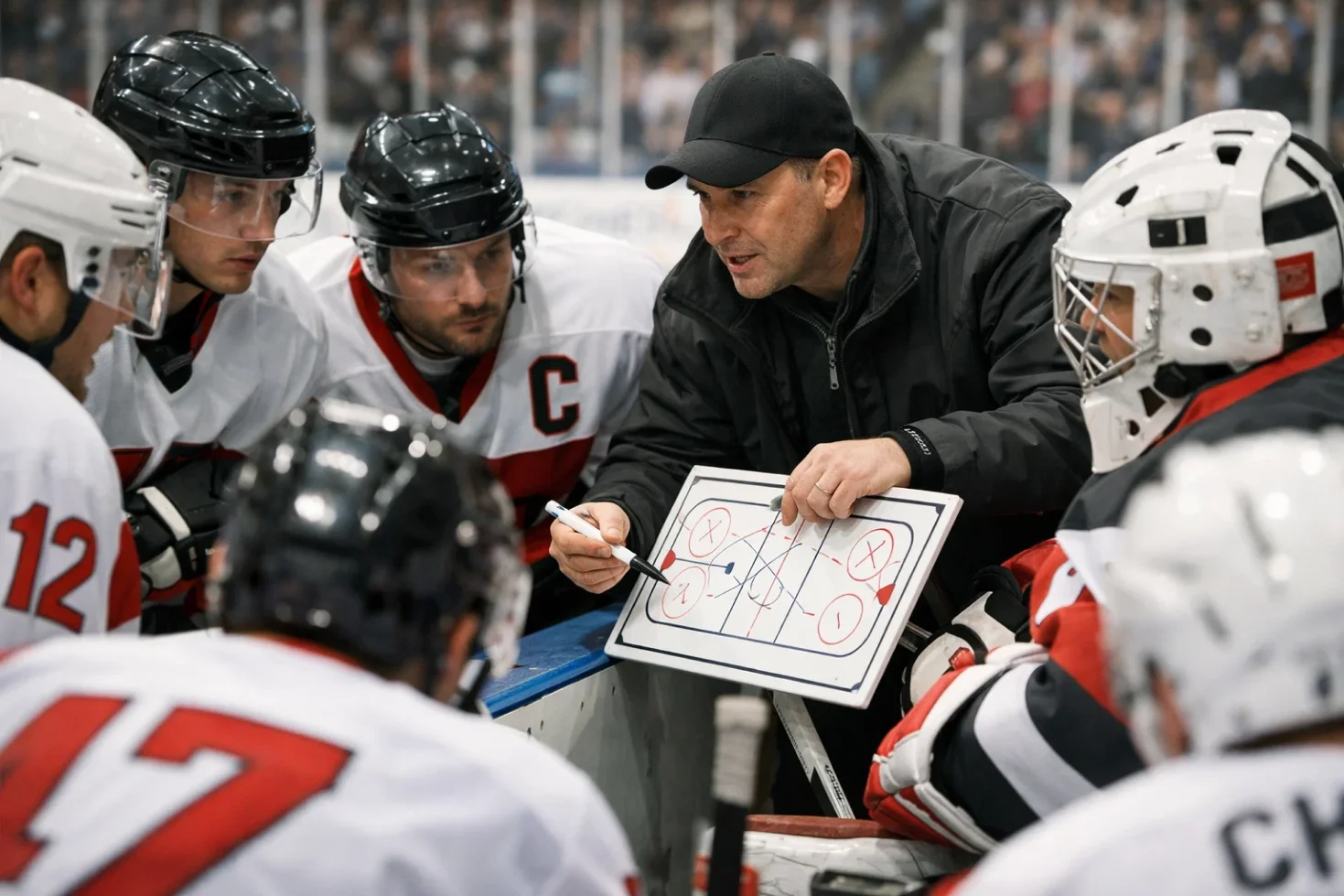 Eishockeymannschaft während der Besprechung auf der Spielerbank