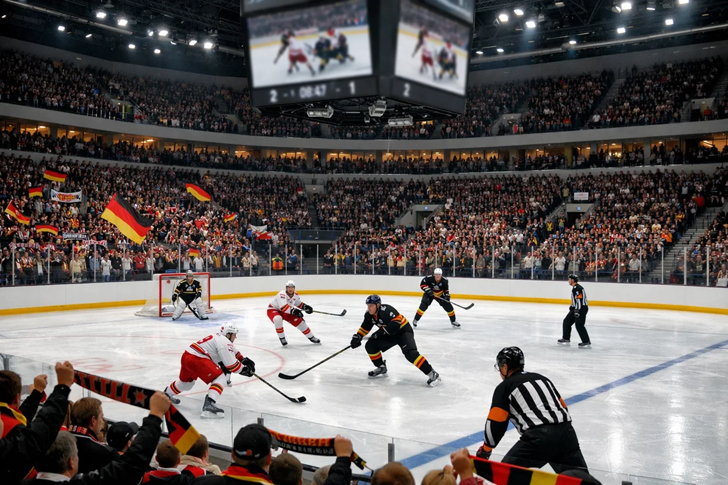 Eishockeyarena in Deutschland mit Fans auf den Tribünen