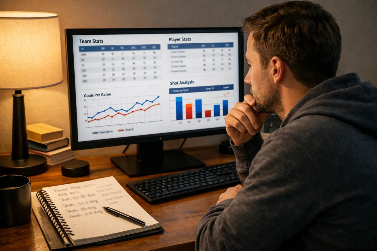 Person studiert Eishockey-Statistiken am Bildschirm