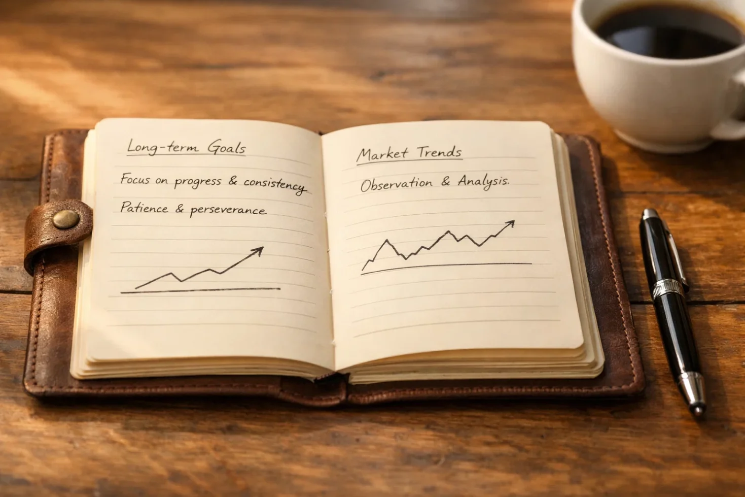 Notizbuch mit Wettanalysen und langfristiger Planung auf einem Schreibtisch