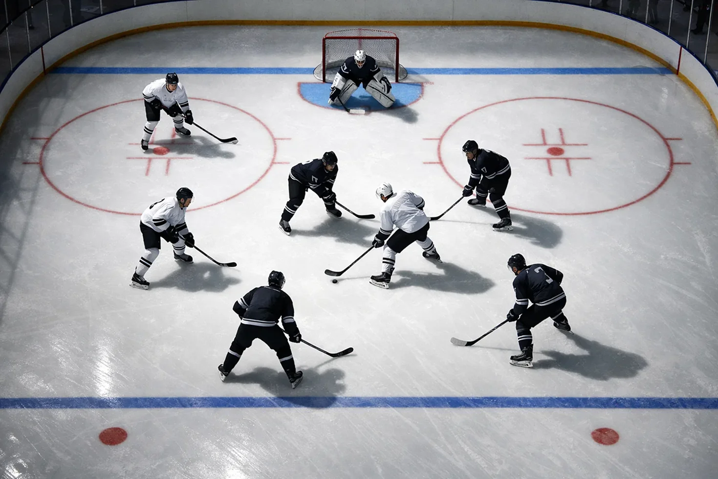 Eishockeyteam formiert sich zum Powerplay mit Überzahl auf dem Eis