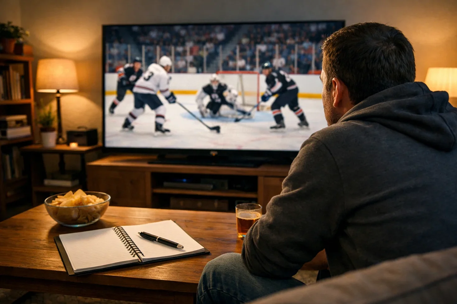 Fan verfolgt Eishockeyspiel aufmerksam auf dem Fernseher