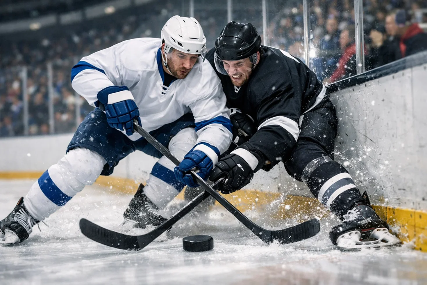 Eishockeyspieler im Zweikampf um den Puck an der Bande