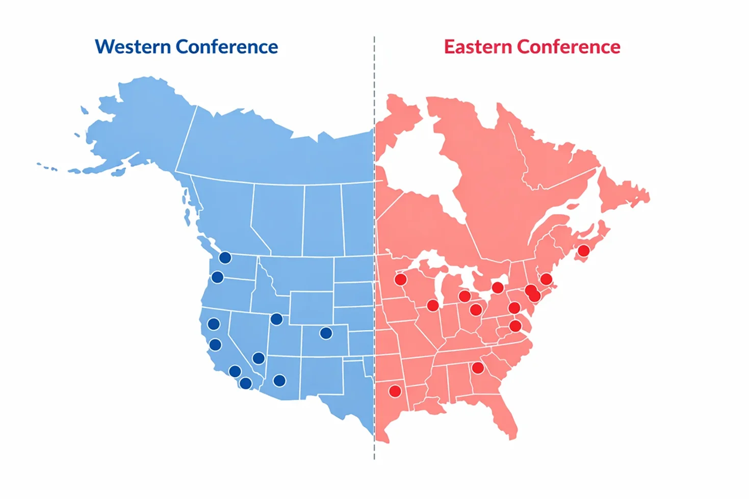 Übersichtskarte der NHL mit Eastern und Western Conference Teams