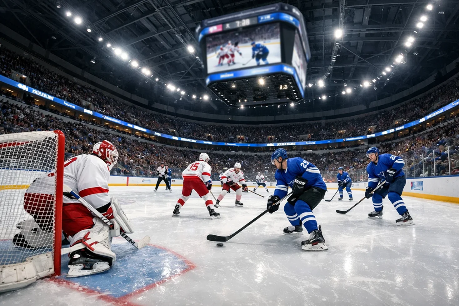 Eishockeyspiel in einer vollen Arena mit Anzeigetafel