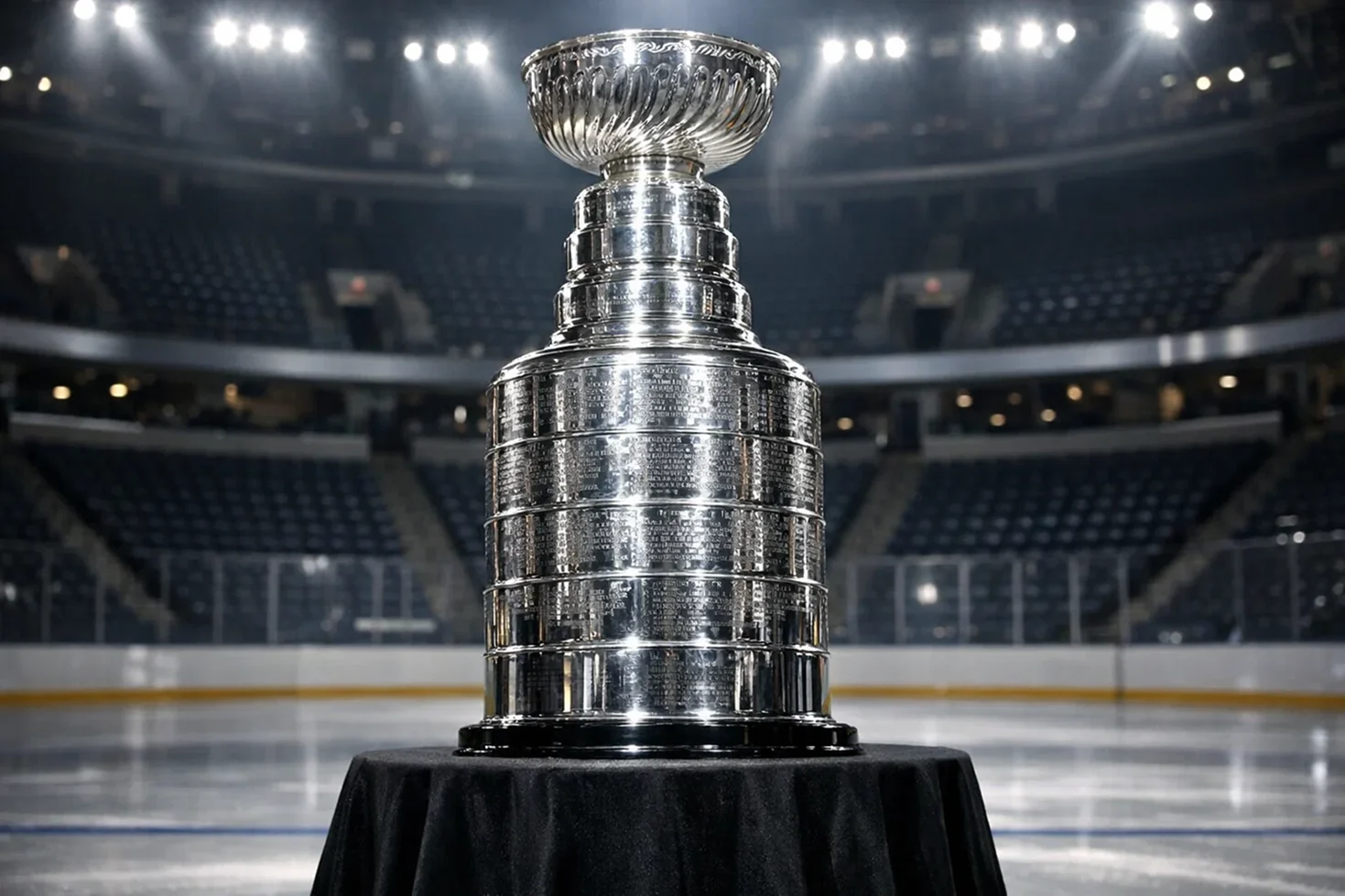 Stanley Cup Pokal auf einem Podest in einer Eishockeyarena