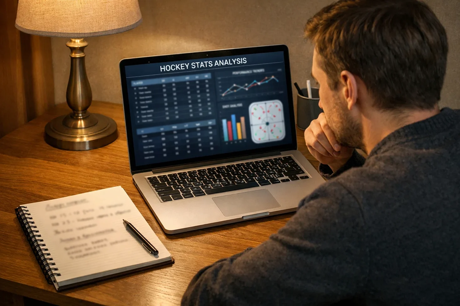 Person analysiert NHL-Statistiken auf einem Laptop