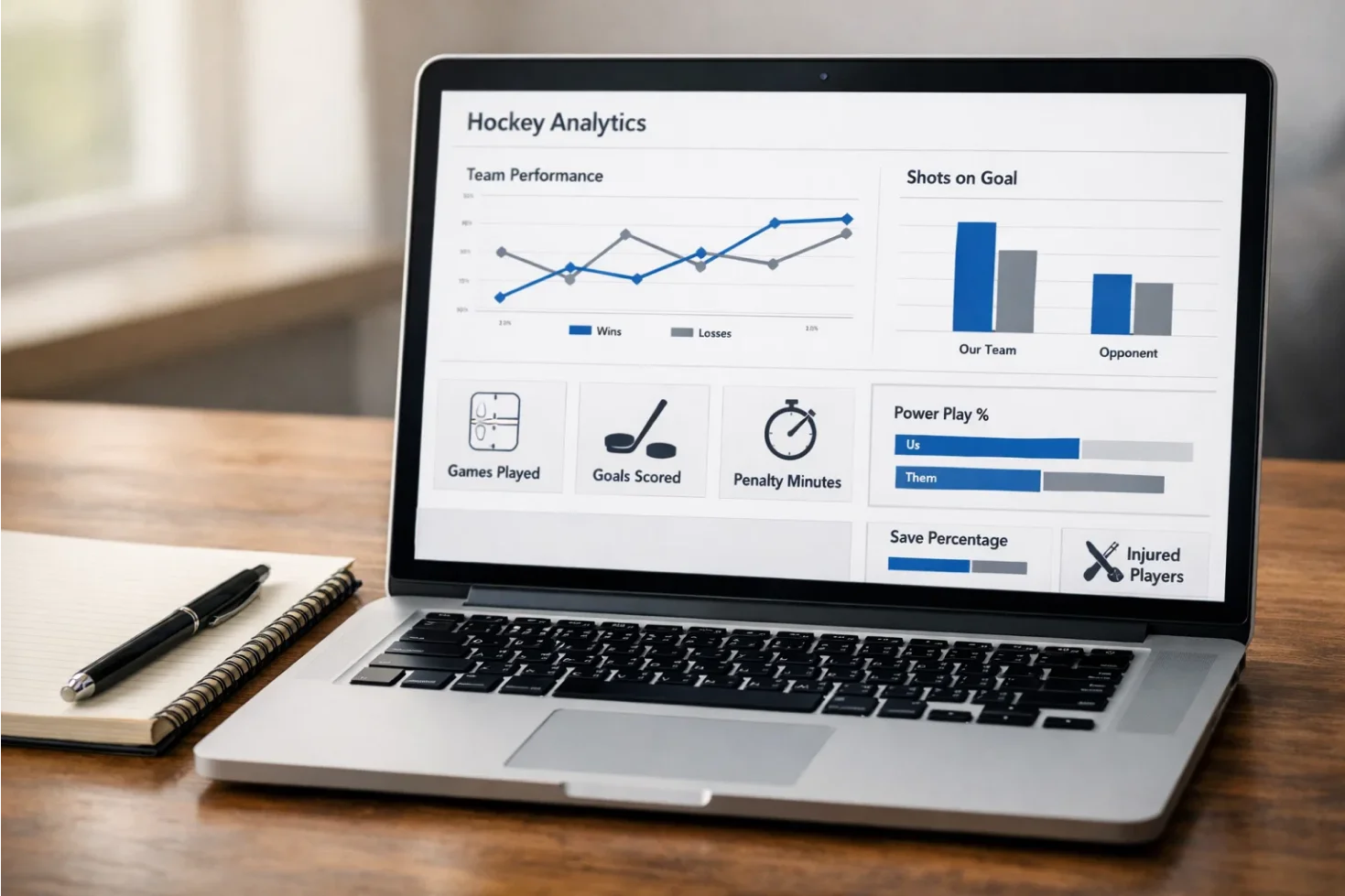 Laptop mit Eishockey-Statistiken und Datenvisualisierung auf dem Bildschirm